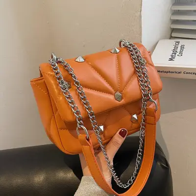 Women Creative Rivet Design Vintage Winter Quilted Design Metal Chain PU Flap Bag
