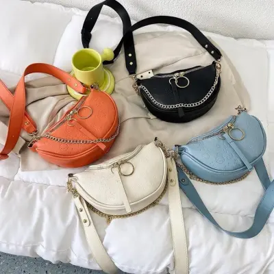 Women Edgy Embossing Adjustable Strap PU Chain Crossbody Shoulder Bag