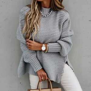 Women Casual Basic Winter Turtle Neck Loose Solid Color Long Sleeve Thick Side-slit Knitted Sweater