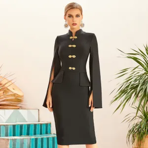 Women Black Long Cape Sleeve Bandage Dress